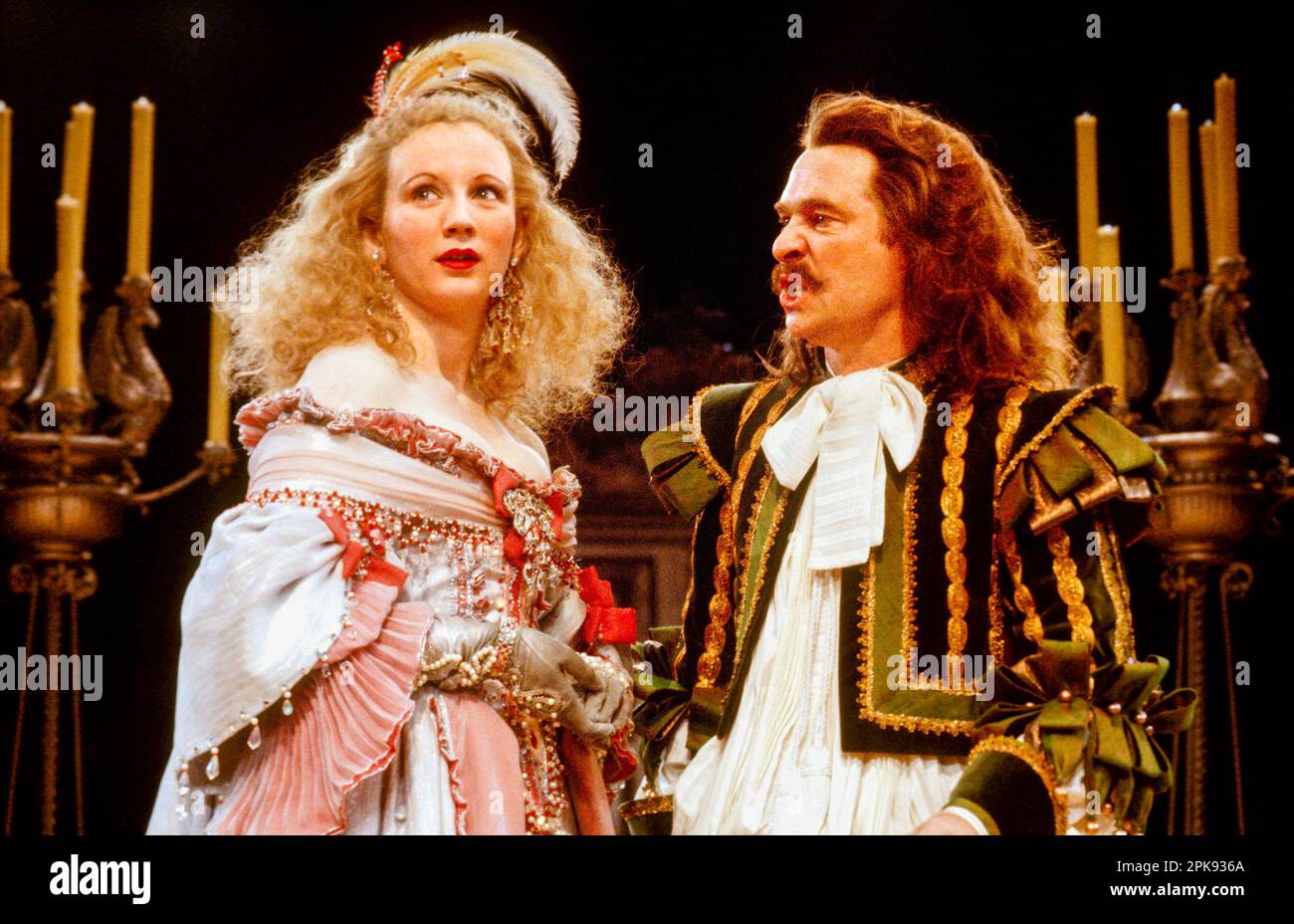 Cecilia Richards (Celimene), Tom Courtenay (Alceste) in THE MISANTHROPE by Moliere at the Royal Exchange Theatre, Manchester, England  21/05/1981  translated by Richard Wilbur  design: Malcolm Pride  lighting: Joe Davis  director: Casper Wrede Stock Photo