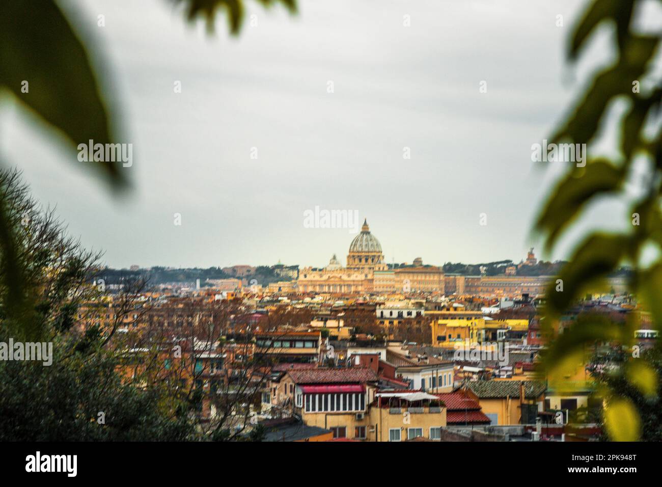 View over Ancient Rome in Italy, rainy weather in the morning. Busto di Gaetano Filangeri Stock Photo