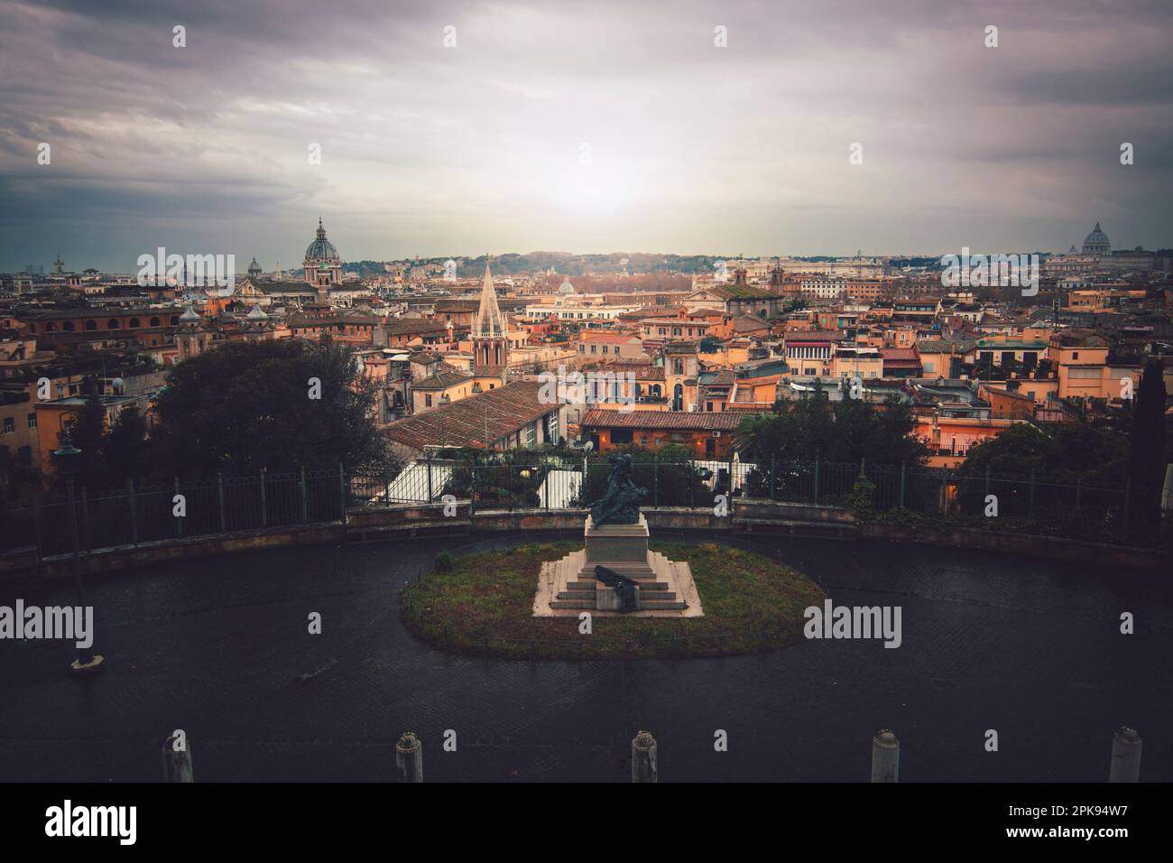 View over Ancient Rome in Italy, rainy weather in the morning. Busto di Gaetano Filangeri Stock Photo