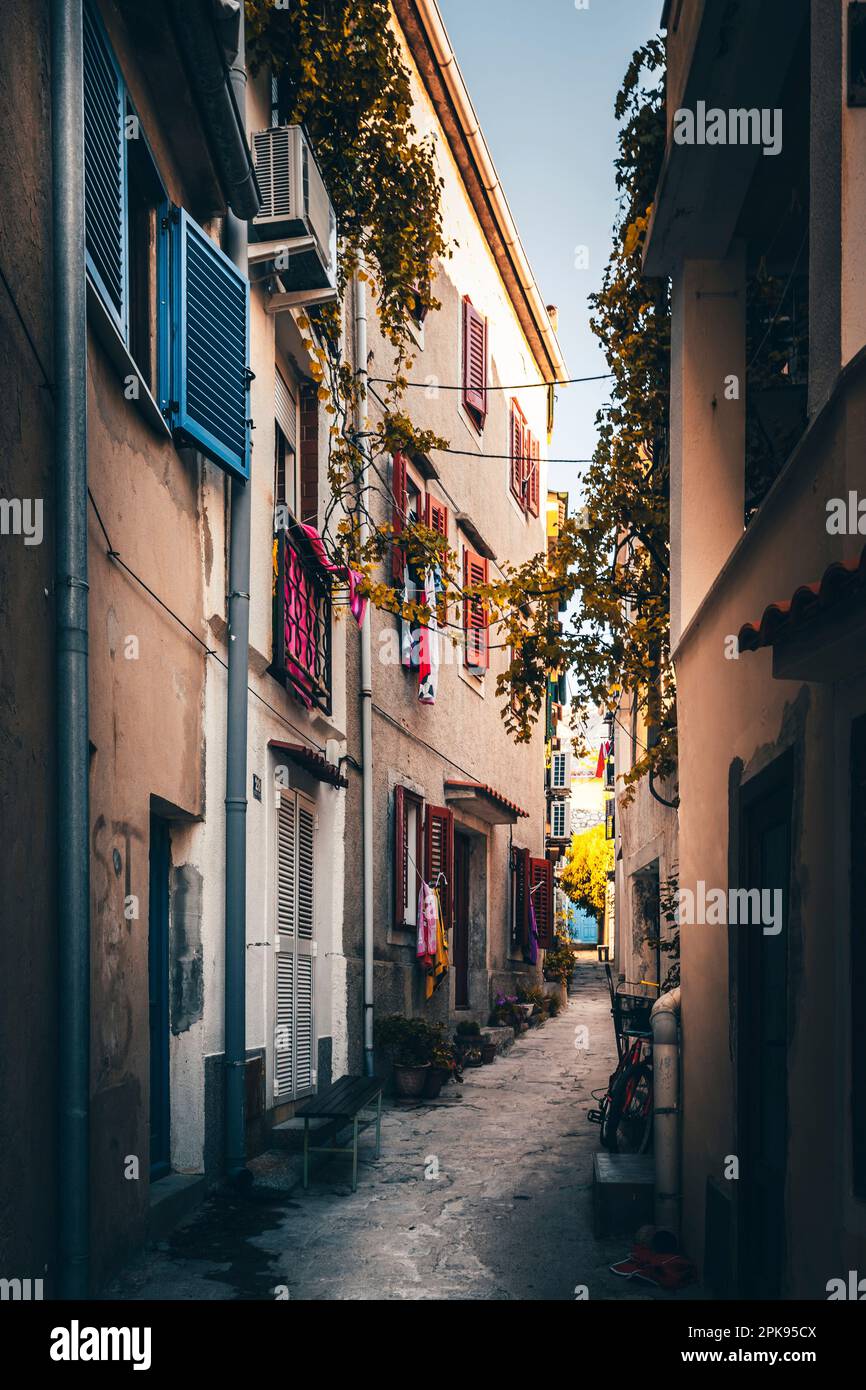 Old town of Baöka, in Croatia, beautiful small narrow streets with great old houses and facades. Krk island in Croatia Stock Photo