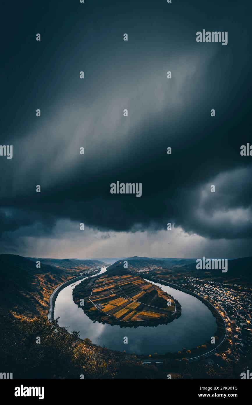 Thunderstorm, thundercloud, rain over Moselle, Moselle loop near Brem, beautiful view, Germany Stock Photo