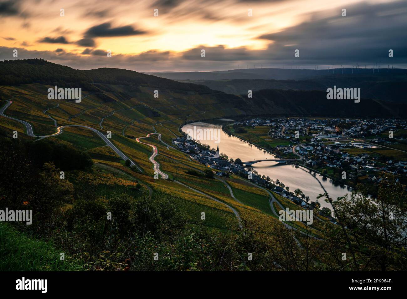 Piesport on the Moselle river, beautiful view over the Moselle valley in autumn with yellow vineyards. Germany Stock Photo