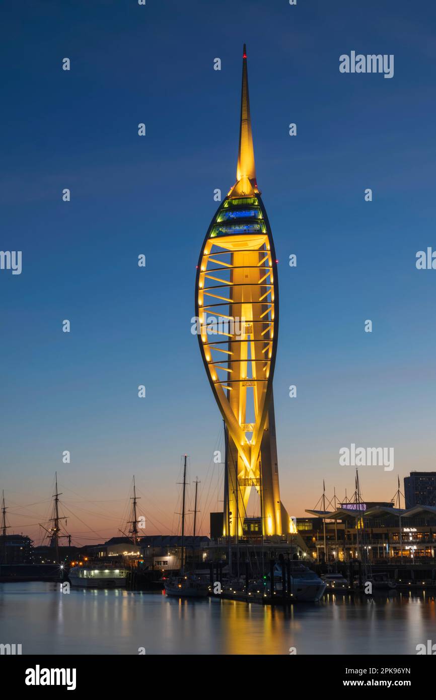 England, Hampshire, Portsmouth, Portsmouth Harbour, Spinnaker Tower at Night Stock Photo