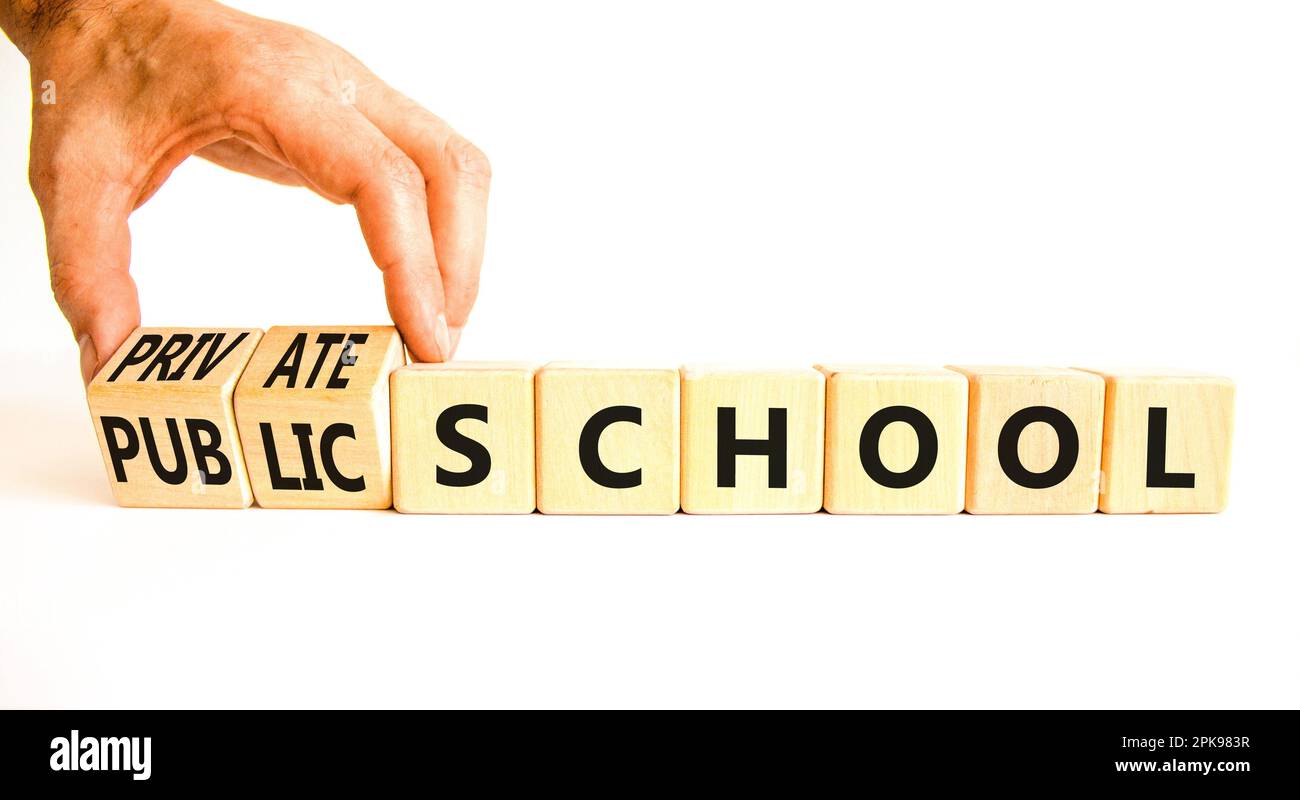 Public or private school symbol. Concept word Public school Private school on wooden cubes. Beautiful white background. Teacher hand. Business positiv Stock Photo
