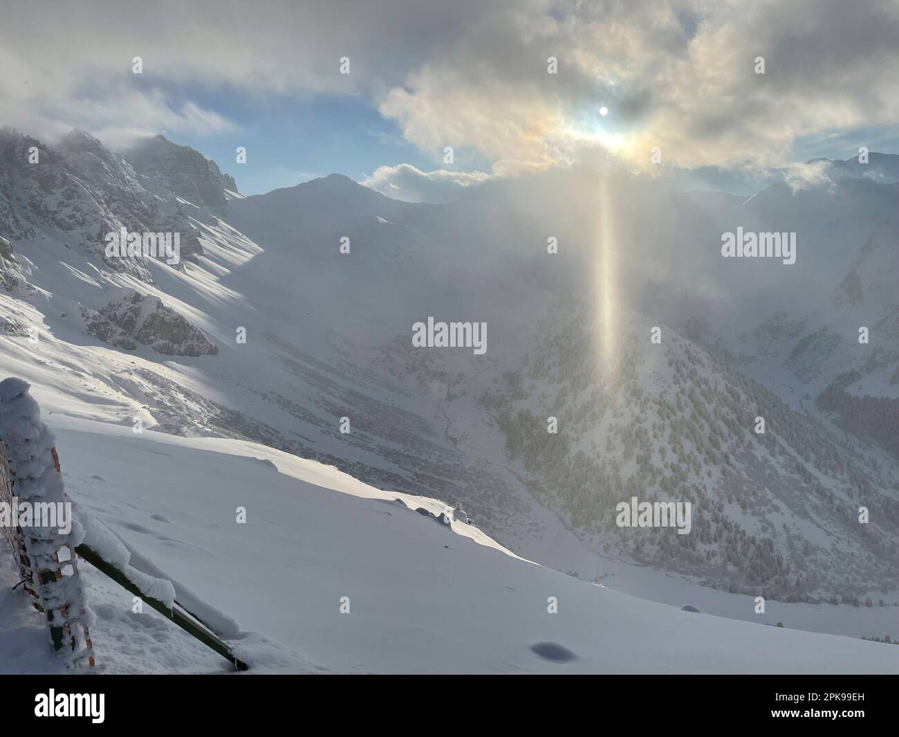 Backlight shot in Axamer Lizum, ski resort, Innsbruck, fog, clouds, sun, backlight, mountains, nature, activity, Axams, Tyrol, Austria Stock Photo