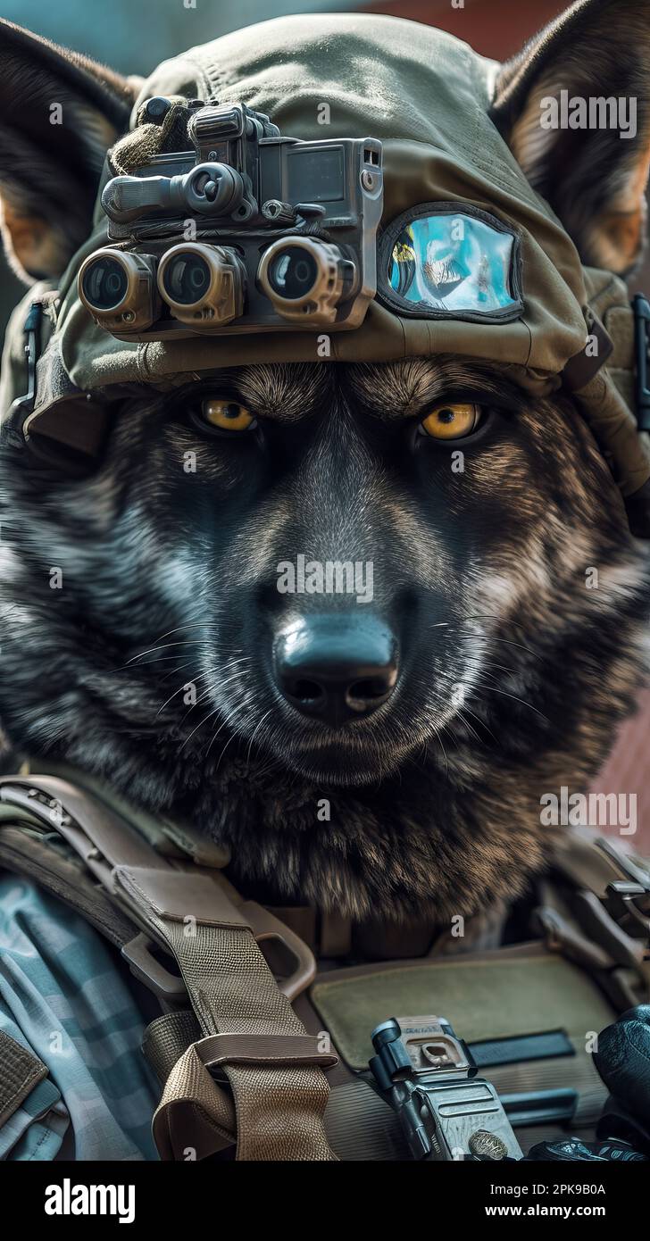 wolf in military uniform keeps looking straight into the camera. wolf