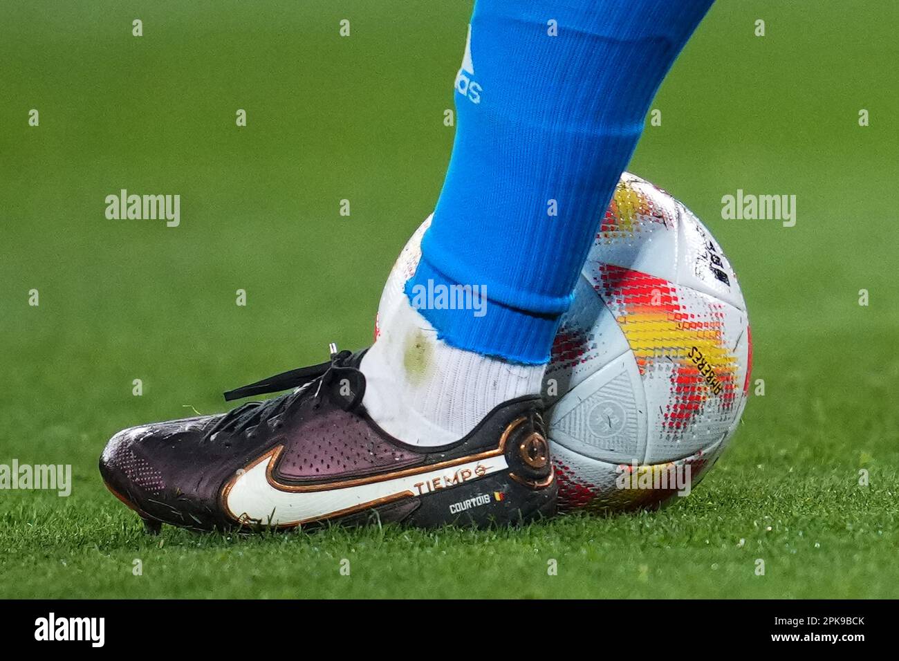 Barcelona, Spain. 05th Apr, 2023. Thibaut Courtois of Real Madrid Nike  Tiempo boots during Copa del Rey match, Semi-Finals, second leg, between FC  Barcelona v Real Madrid. played at Spotify Camp Nou