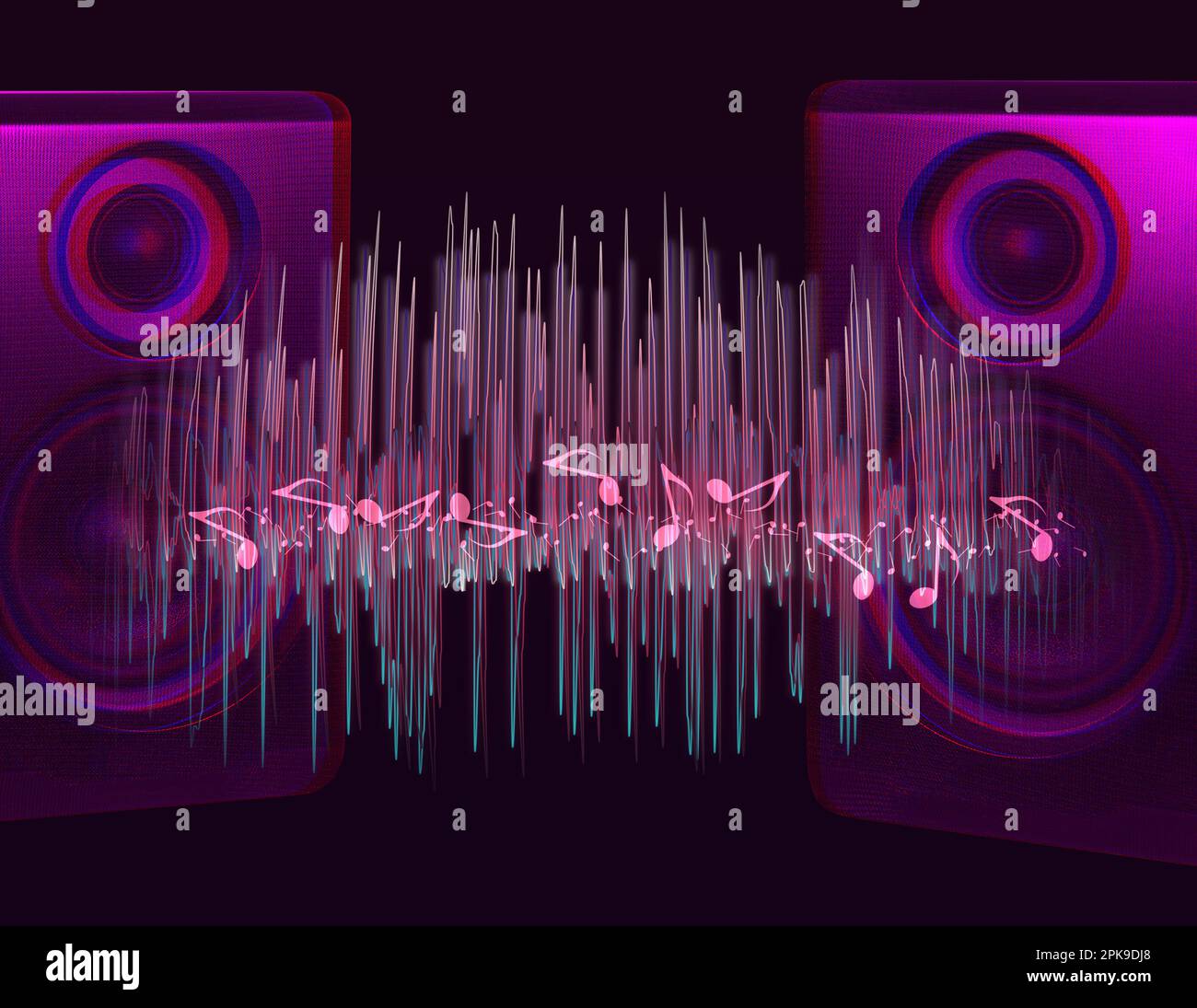 Modern powerful audio speakers and sound waves on dark background Stock