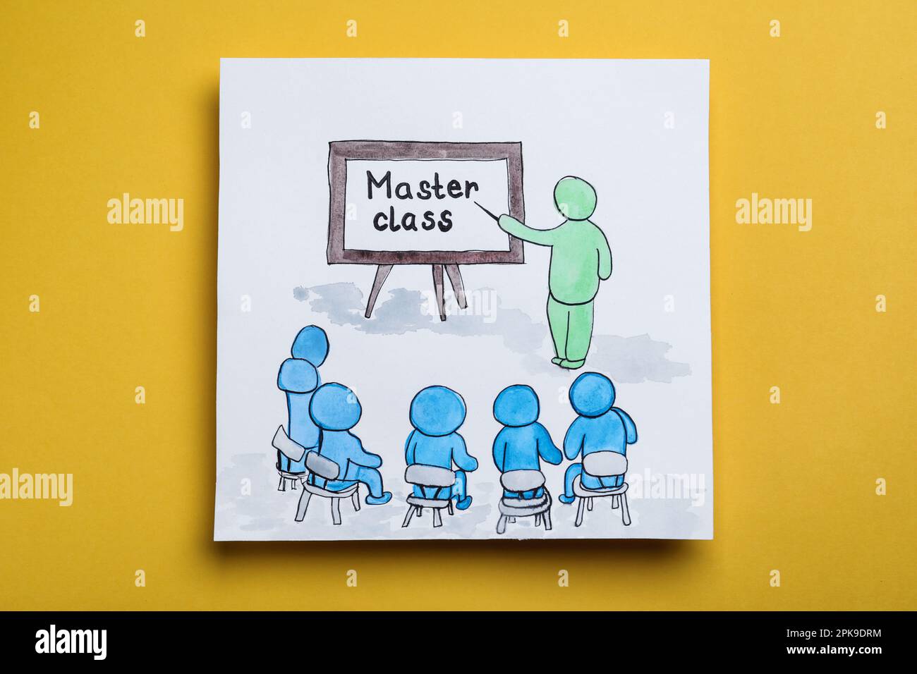 Drawing of teacher, students and words Master Class on yellow background, top view Stock Photo