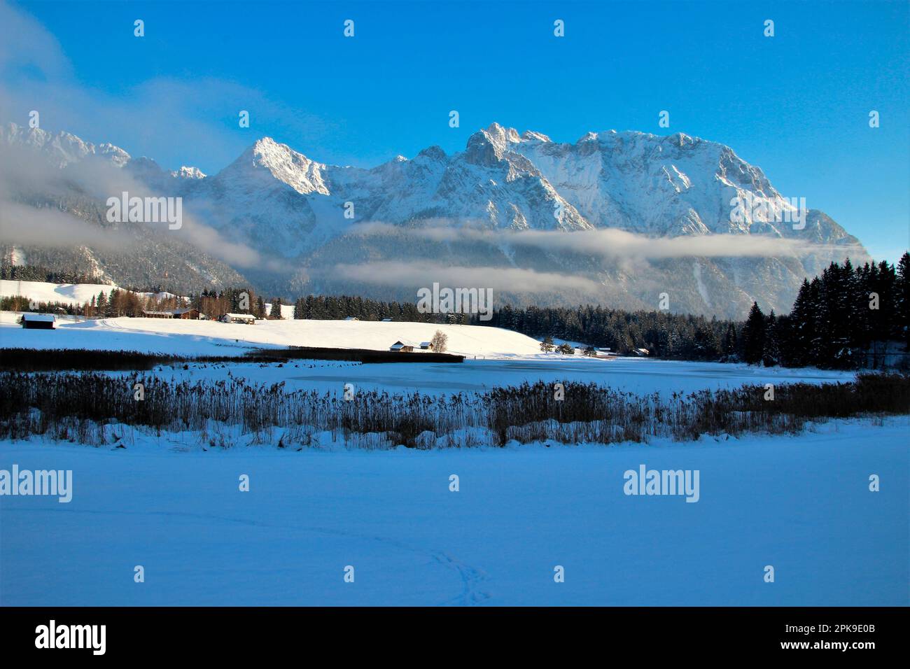 Winter walk at the Schmalensee near Mittenwald, lake, reeds, grasses, winter landscape in the moguls, Europe, Germany, Bavaria, Upper Bavaria, Werdenf Stock Photo