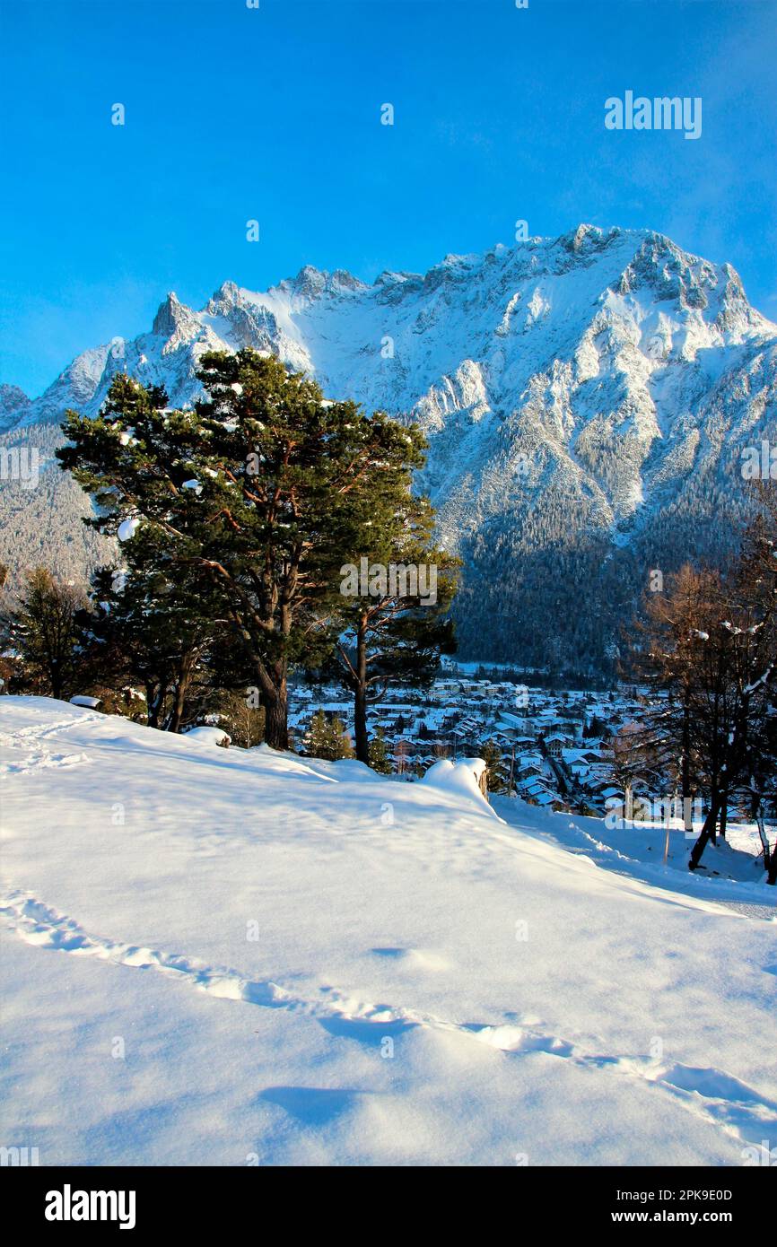 Winter landscape near Mittenwald, winter in Werdenfelser Land, Europe, Germany, Bavaria Upper Bavaria, Southern Germany, dream weather, Isar valley, Stock Photo