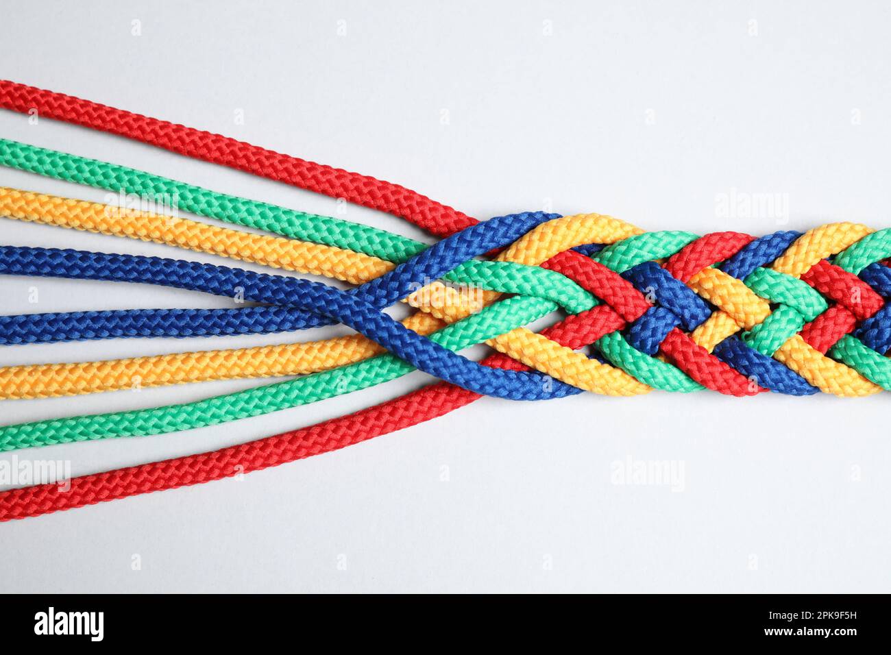 Braided colorful ropes isolated on white, top view. Unity concept Stock ...