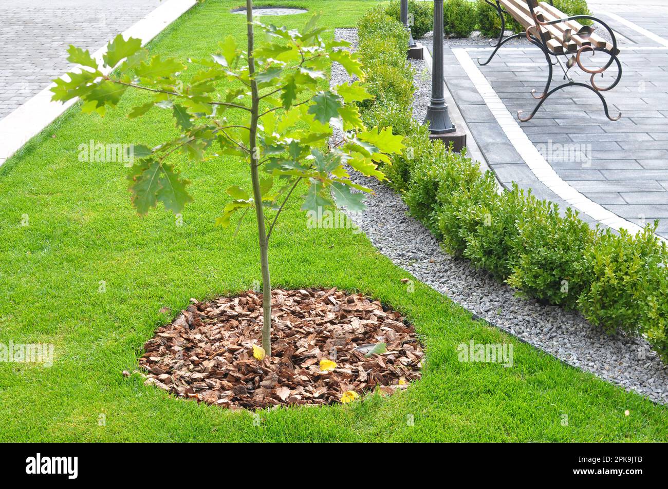 Fragments of modern design from landscaping in the garden, park, square, recreation area Stock