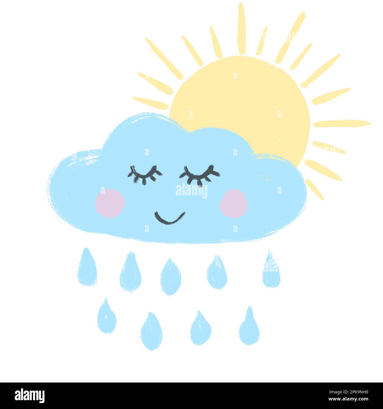 Hand drawn illustration of blue cute cloud with rain drops and yellow sun. Funny nursery design for kids children, simple minilamist character anture weather baby room poster decor Stock Photo