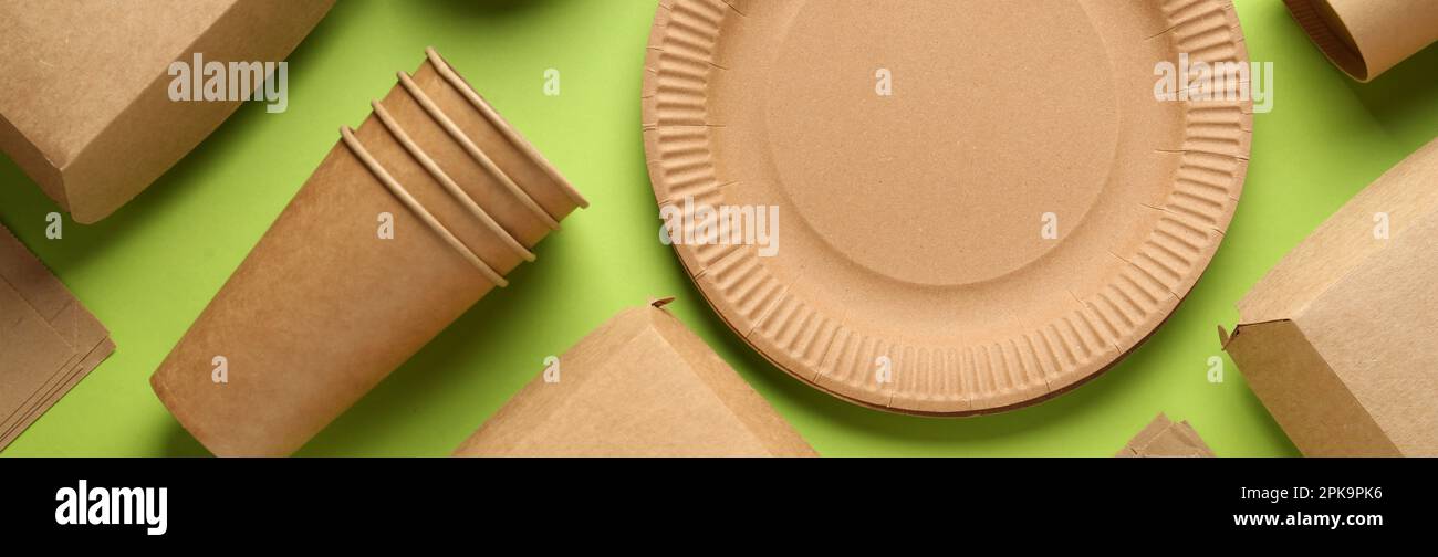 Flat lay composition with eco friendly products on light green ...