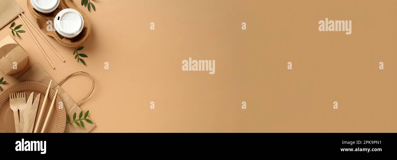 Eco friendly products on beige background, flat lay with space for text ...
