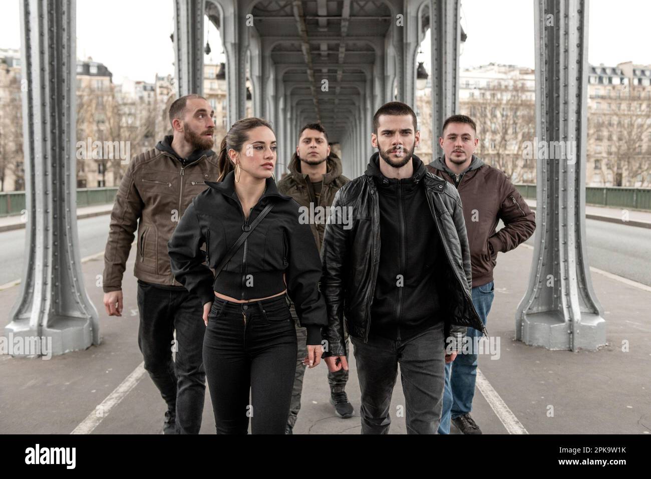 SKY HIGH, (aka SKY HIGH: THE SERIES aka HASTA EL CIELO: LA SERIE), from left: Marco Marini, Asia Ortega, Dollar Selmouni, Alvaro Rico, Ramon Ramseys, (Season 1, ep. 103, aired March 17, 2023), photo: Jamie Olmedo / ©Netflix / Courtesy Everett Collection Stock Photo