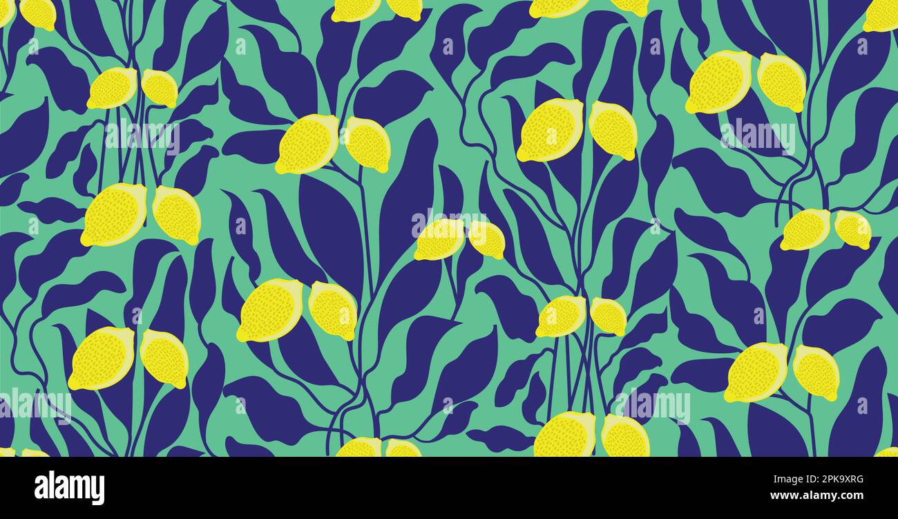 Lemon seamless repeat pattern. lemon leaves matisse style pattern Stock Vector