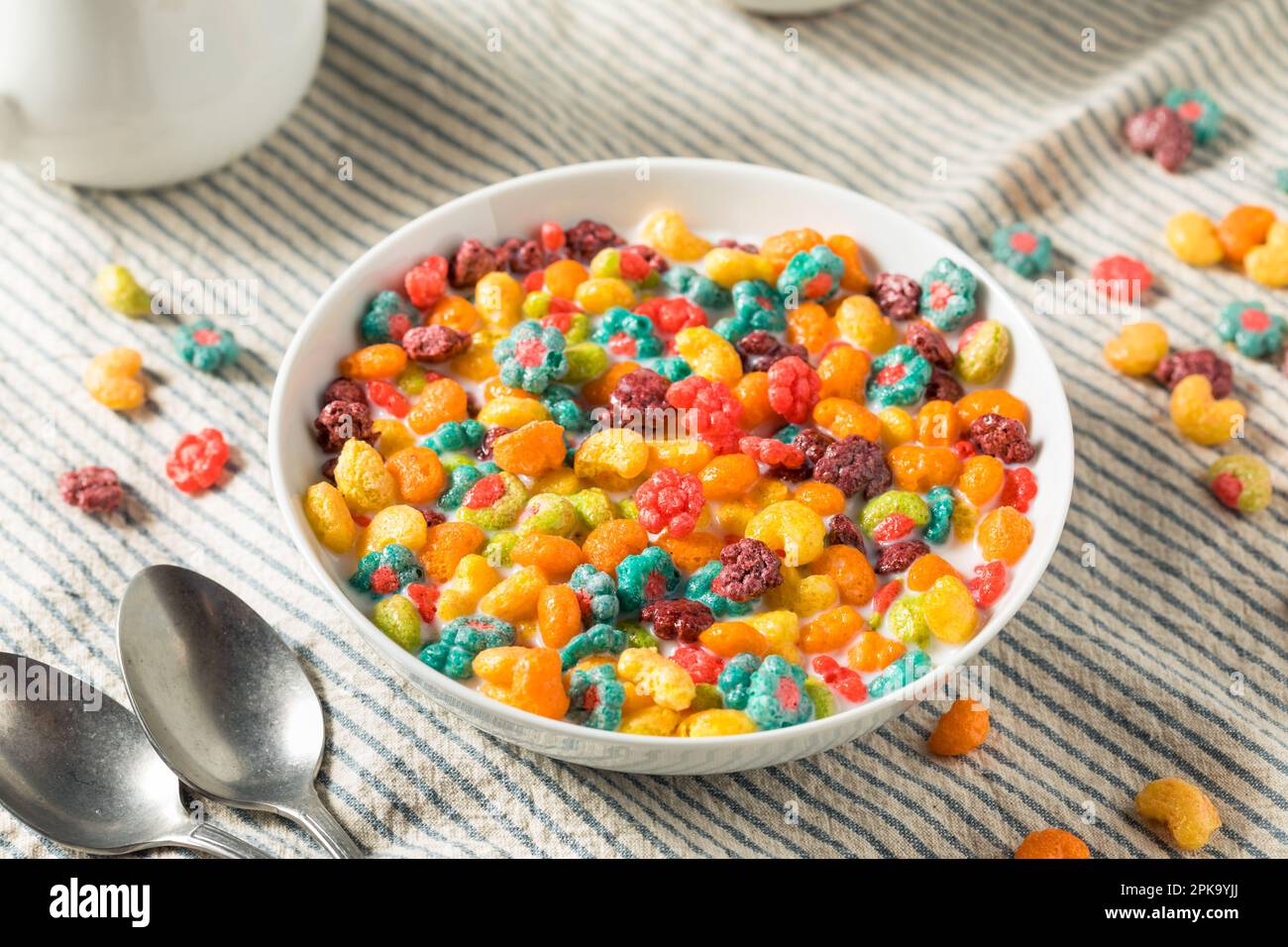 Sweet Fruity Breakfast Cereal with Whole Milk Stock Photo