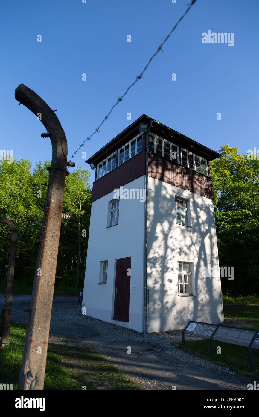 06.05.2018, Germany, Thuringia, Weimar - Buchenwald Memorial (KZ-Gedenkstaette), watchtower on the SS post road along the camp fence at the time, view Stock Photo