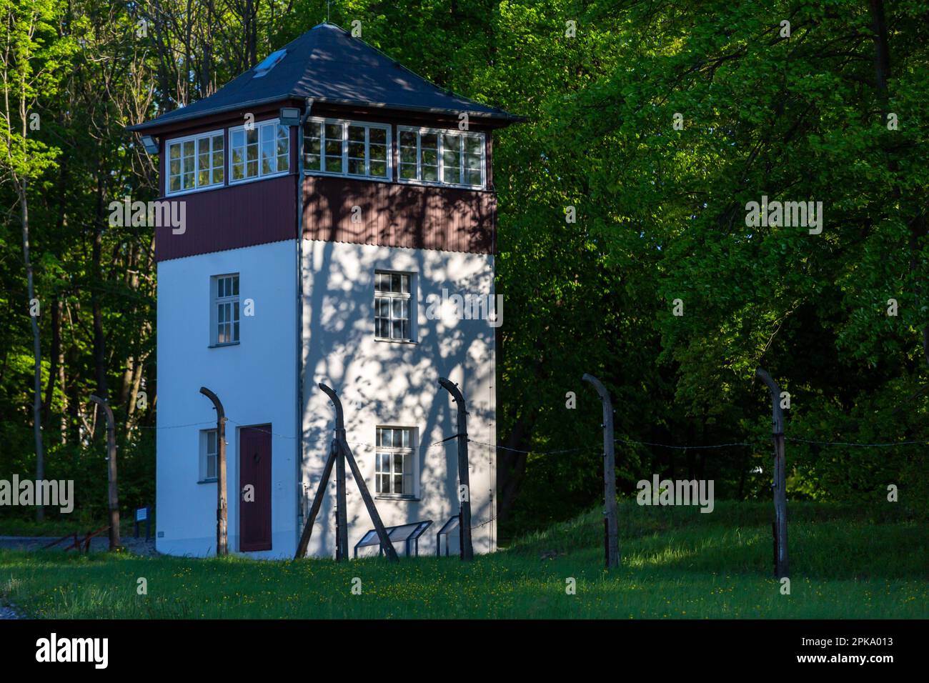 06.05.2018, Germany, Thuringia, Weimar - Buchenwald memorial site (KZ-Gedenkstaette), watchtower on the former SS post road along the camp fence, view Stock Photo