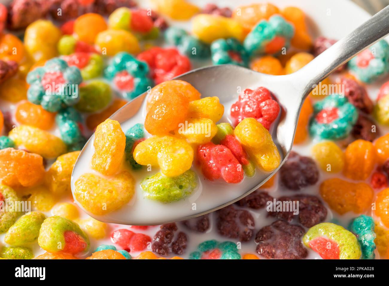 Sweet Fruity Breakfast Cereal with Whole Milk Stock Photo