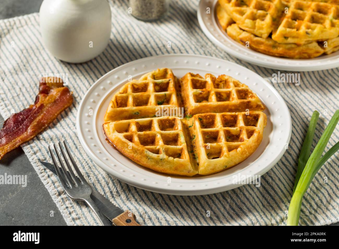Homemade Savory Waffles for Breakfast with Bacon and Scallions Stock
