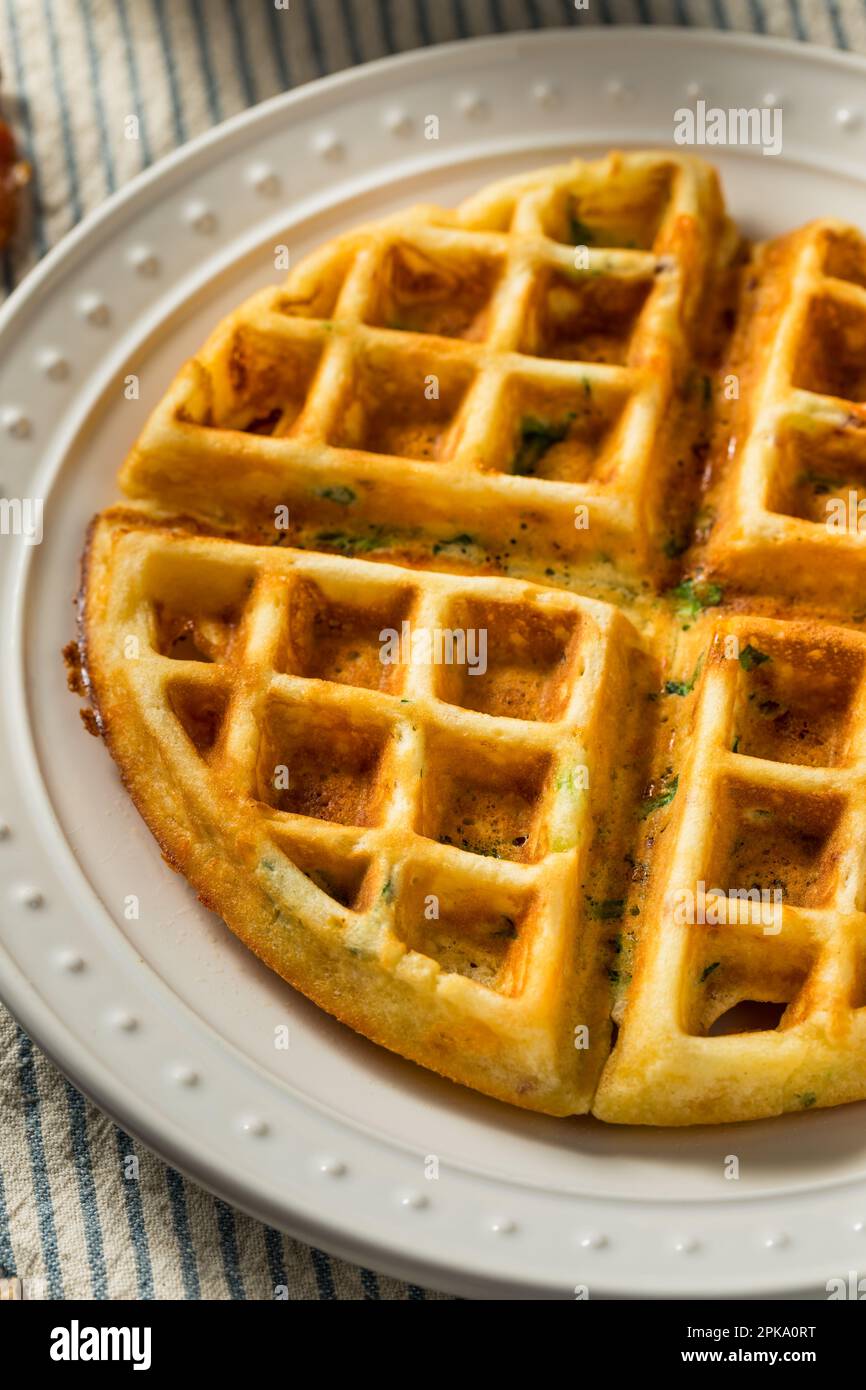 Homemade Savory Waffles for Breakfast with Bacon and Scallions Stock