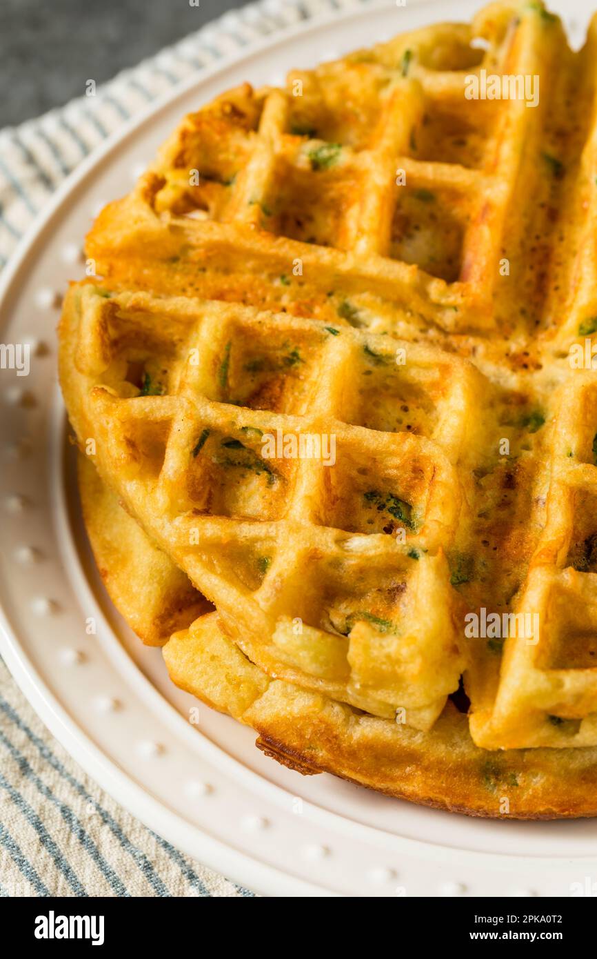 Homemade Savory Waffles for Breakfast with Bacon and Scallions Stock