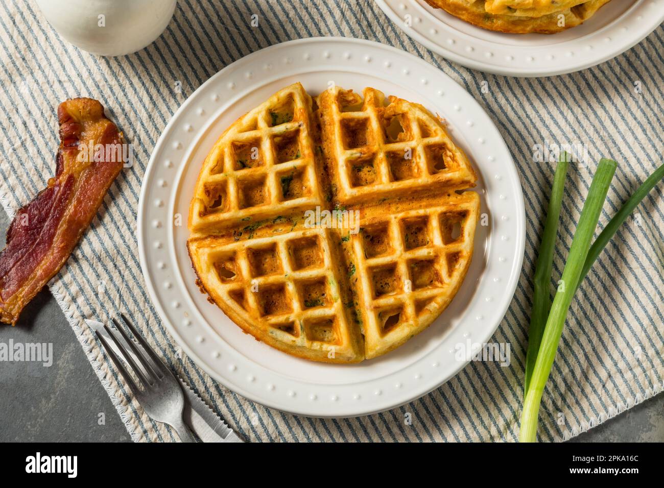Homemade Savory Waffles for Breakfast with Bacon and Scallions Stock