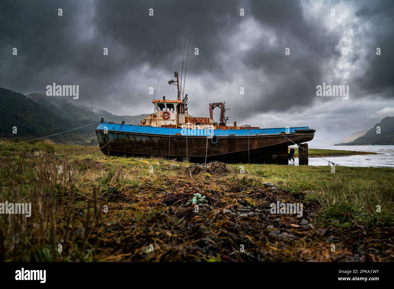 Stranded ship at Loch Duich, Scotland, United Kingdom, Europe Stock Photo