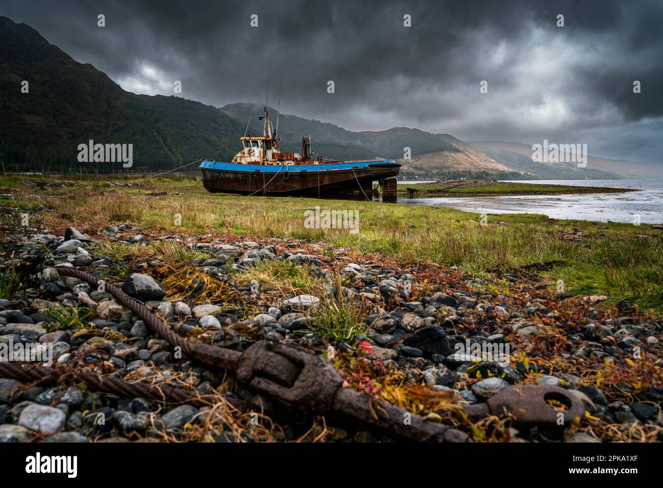 Stranded ship at Loch Duich, Scotland, United Kingdom, Europe Stock Photo