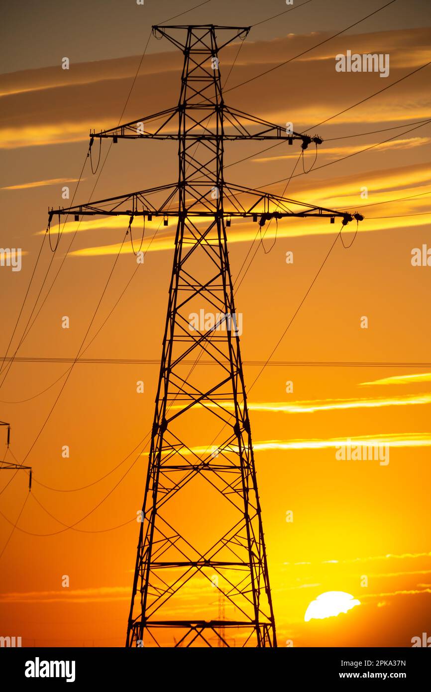 12.09.2018, Poland, Greater Poland, Debienko - Electricity pylons, overhead line at sunset. 00A180912D082CAROEX.JPG [MODEL RELEASE: NOT APPLICABLE, PR Stock Photo