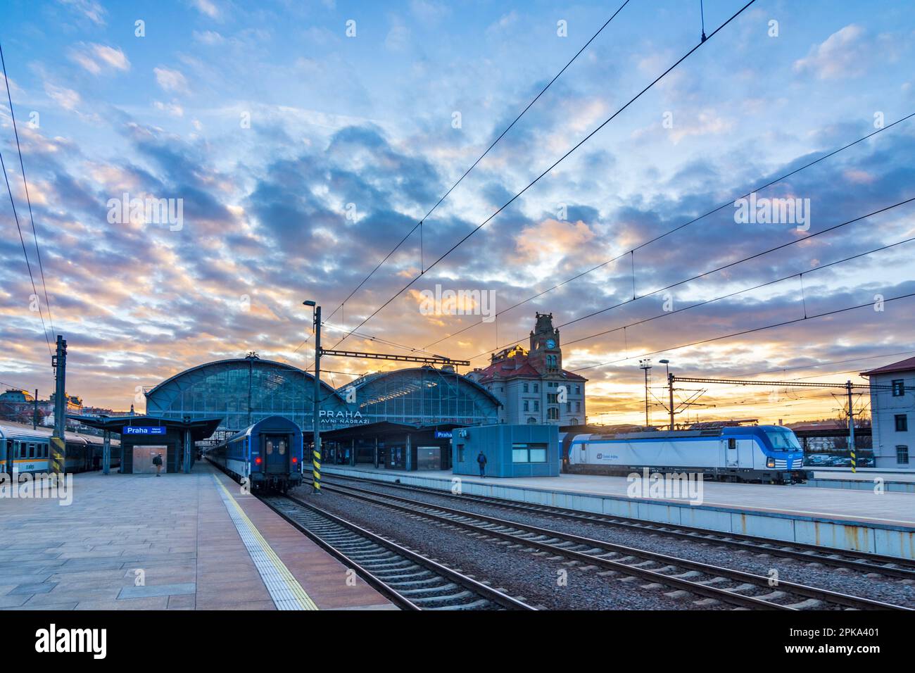 Praha, railway main station Praha hlavni nadrazi, trains in Prague, Czechia Stock Photo