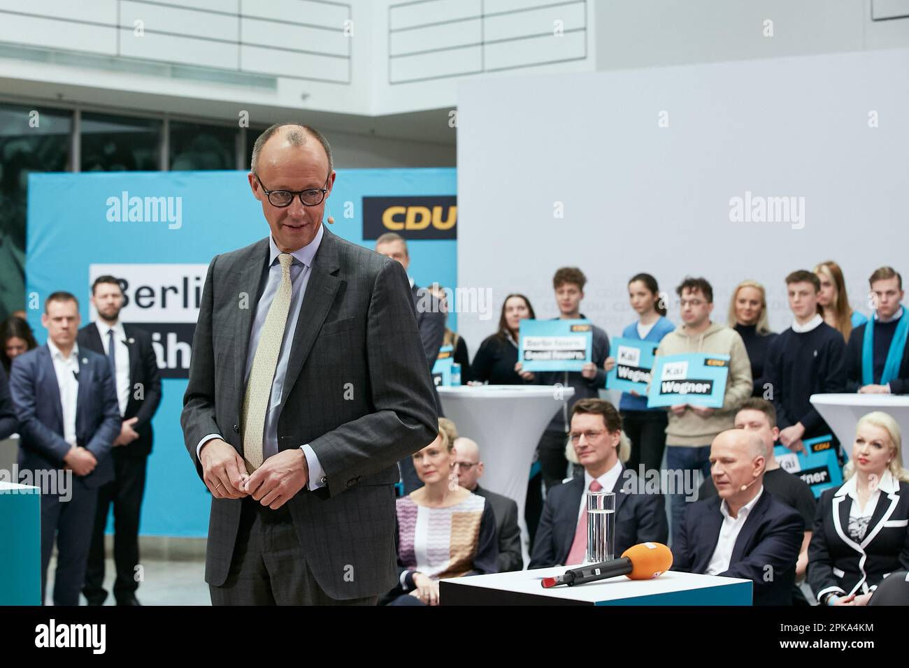 10.02.2023, Germany, Berlin, Berlin - CDU party leader Friedrich Merz speaks at an election campaign event at the Konrad Adenauer House on the electio Stock Photo