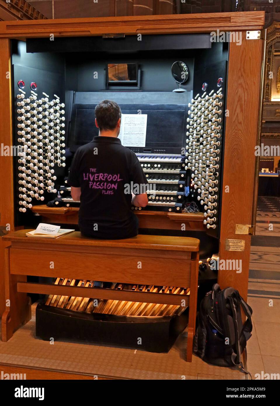 Organ player, at the Liverpool Passion Plays 2023, at Anglican Cathedral, St James Mt, St James Rd, Liverpool, Merseyside, England, UK, L1 7AZ Stock Photo