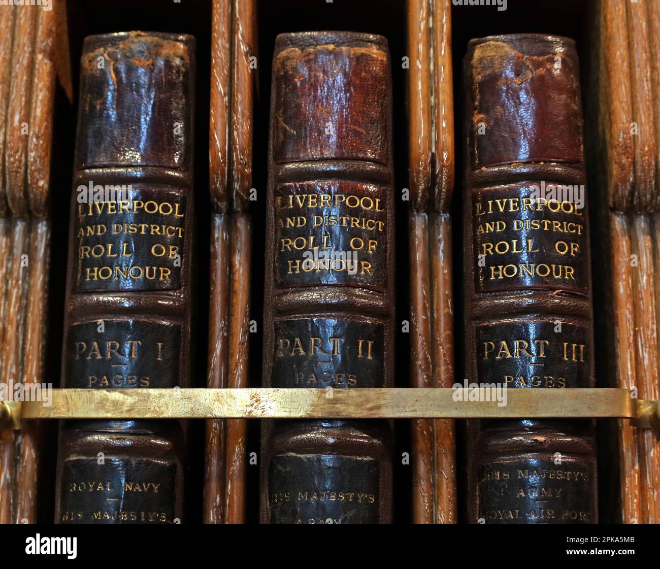 Leather bound volumes of Liverpool and District, Roll of Honour, parts 1-3, in Liverpool Anglican Cathedral, St James Mt, Liverpool, Merseyside,L1 7AZ Stock Photo