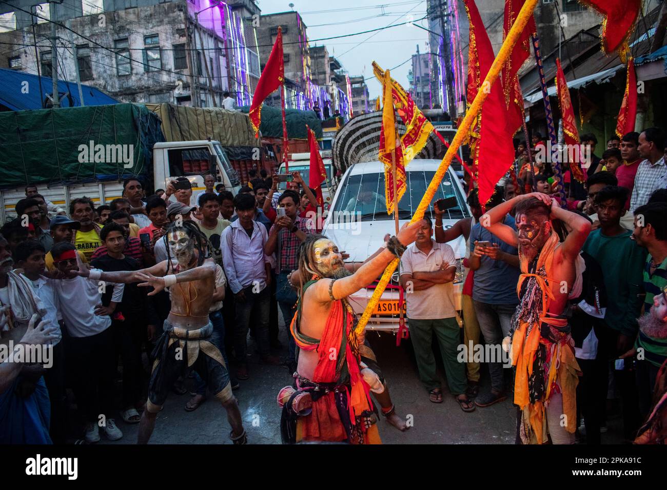 Guwahati, India. 6th Apr 2023. Men dressed as Naga Sadhu as they participate in a cultural rally during Hanuman Jayanti celebration in Guwahati, Assam, India on 6 April 2023. Credit: David Talukdar/Alamy Live News Stock Photo