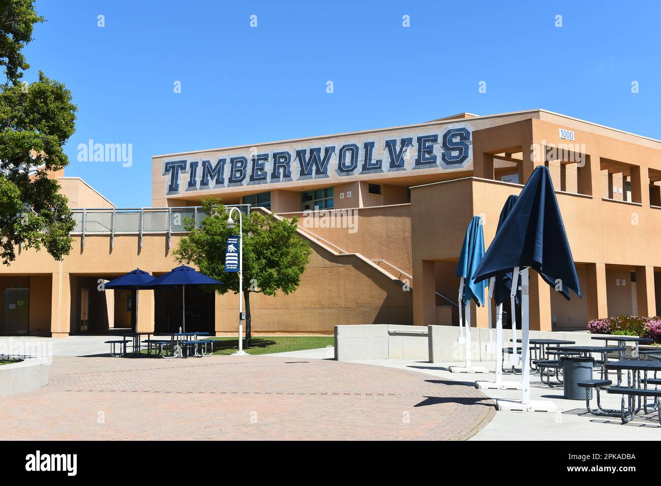 IRVINE, CALIFORNIA 2 APR 2023 Timberwolves sign on the campus of