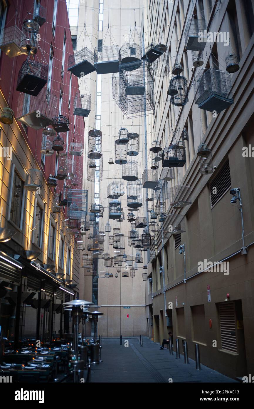 21.09.2019, Australia, New South Wales, Sydney - The Birdcages' Forgotten Songs art installation at Angel Place, made of hanging birdcages, is a remin Stock Photo
