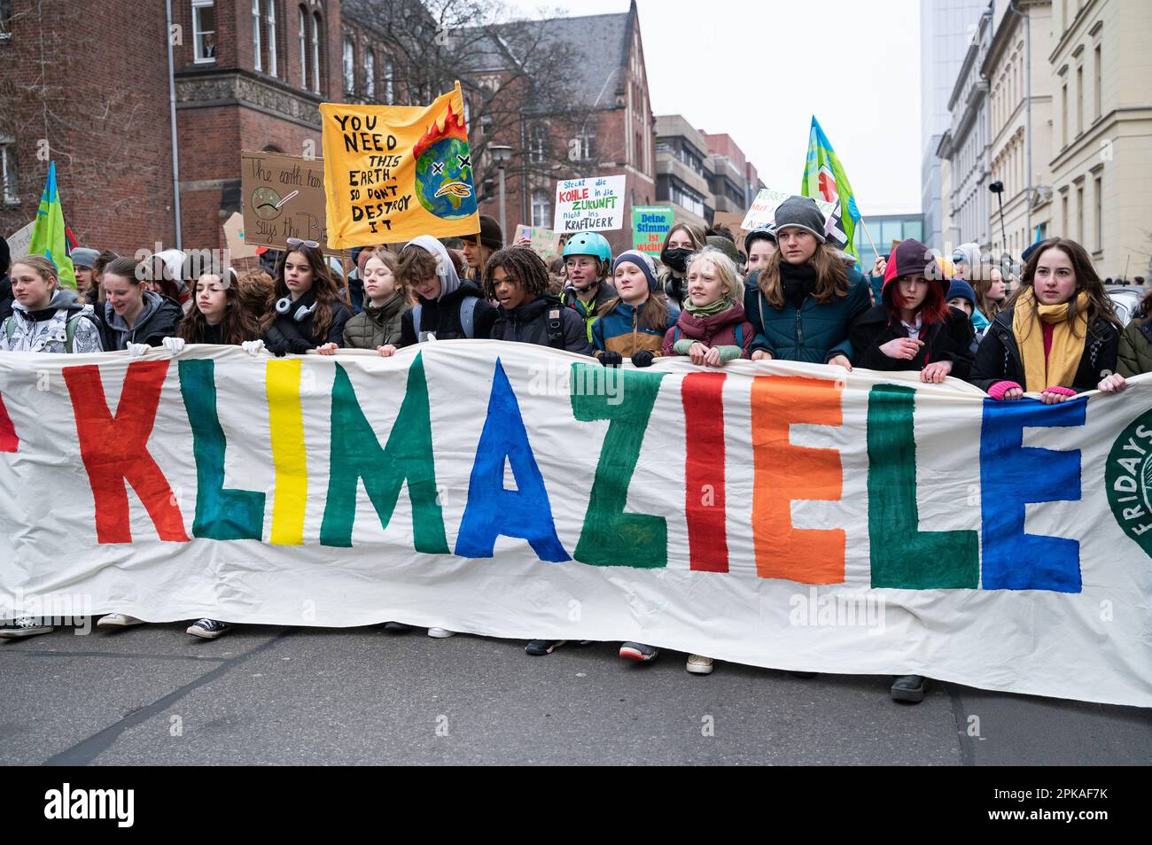 03.03.2023, Germany, , Berlin - Europe - Predominantly young people march through the Mitte district of Berlin during a demonstration and the Global C Stock Photo