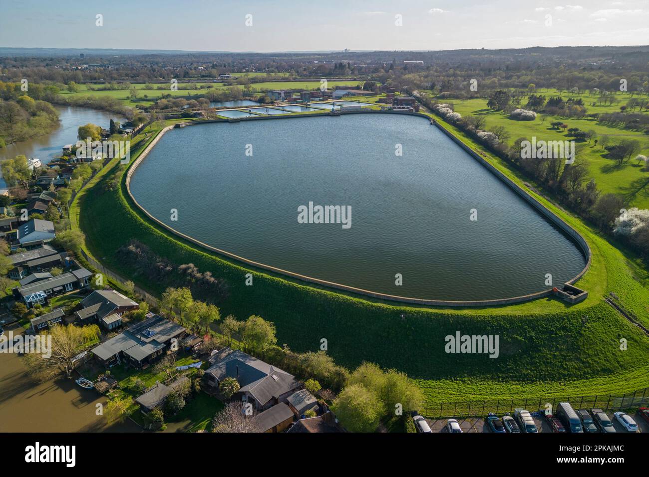 Aerial view of Northern Burway reservoir, Chertsey Water Treatment