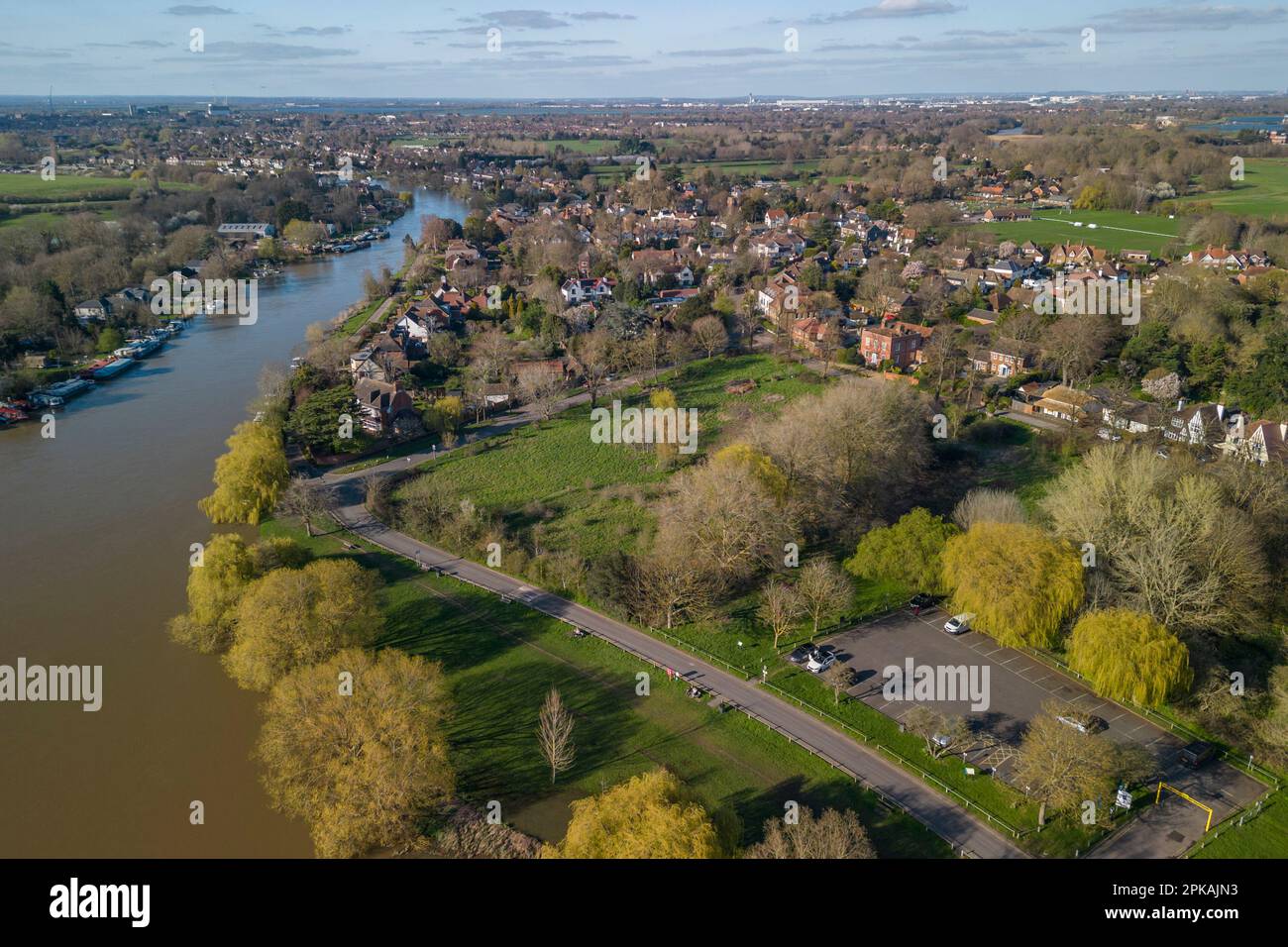 Aerial view of the River Thames at Laleham, Spelthorne, Surrey, UK