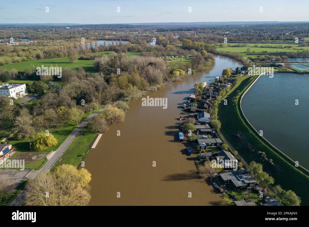 Aerial view of the River Thames at Laleham, Spelthorne, Surrey, UK