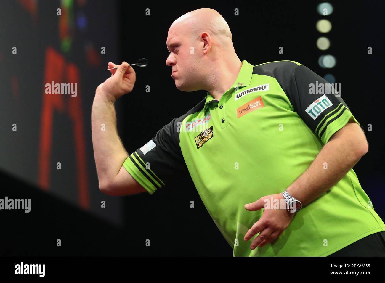 Michael Van Gerwen throws a dart during the 2023 Cazoo PDC Premier