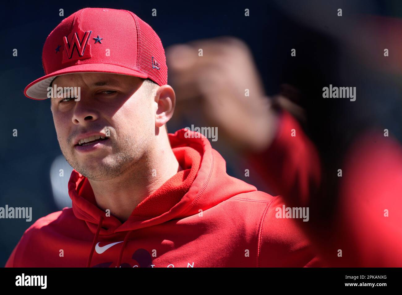 Nationals Riley Adams Washington Nationals catcher Riley Adams warms up before facing the ...