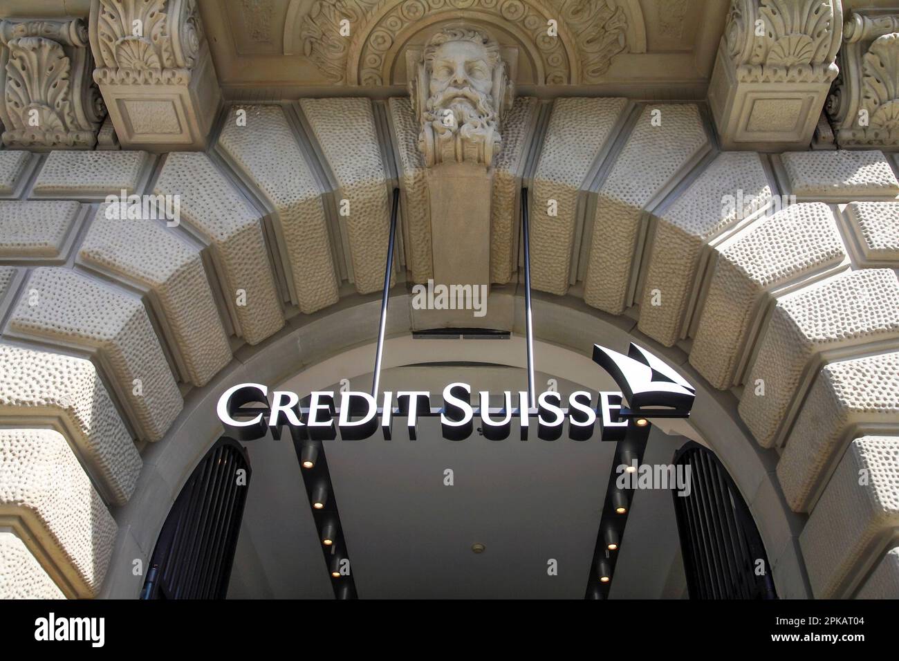 Zurich, Switzerland - Credit Suisse, company logo on the facade of the Credit Suisse Bank headquarters on Paradeplatz in the City district of Zurich, here on the occasion of the takeover by UBS Bank. Archive photo from 20.05.2007 Stock Photo