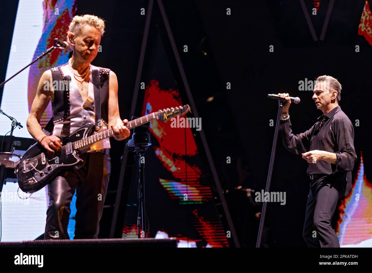 Depeche Mode members Martin Gore,center, Dave Gahan, right, and