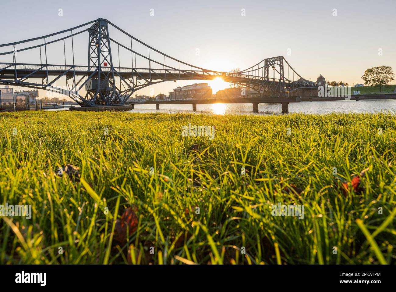 Sunrise, Great Harbour, Kaiser-Wilhelm-Bridge, backlight shot, Wilhelmshaven, Lower Saxony, Germany Stock Photo