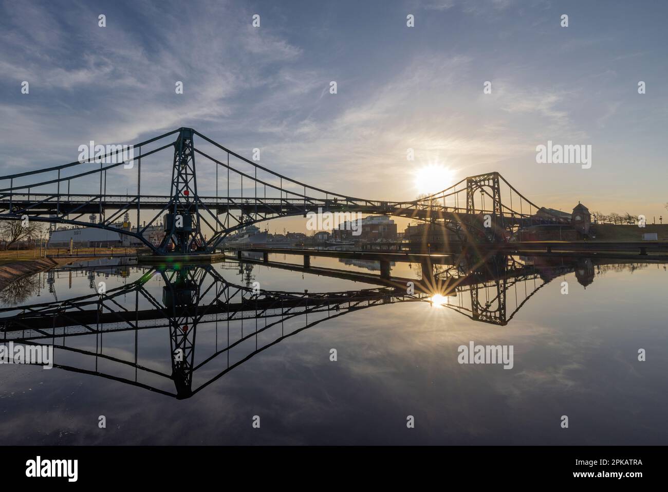 Backlight shot, big harbour, Kaiser-Wilhelm-Bridge, Wilhelmshaven, Lower Saxony, Germany Stock Photo